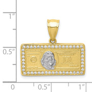 10K w/Rhodium CZ Micropave 100 Dollar Bill Pendant