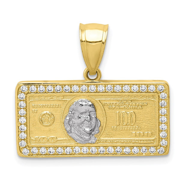 10K w/Rhodium CZ Micropave 100 Dollar Bill Pendant