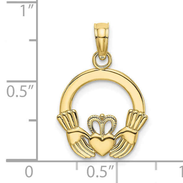 10K Polished Textured Round Claddagh Charm