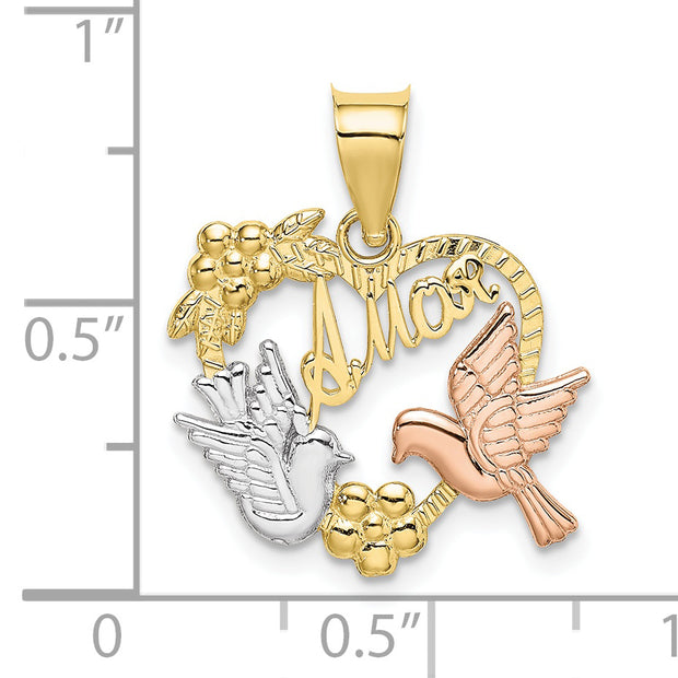 10k Two-tone w/White Rhodium AMOR Heart w/Doves Charm