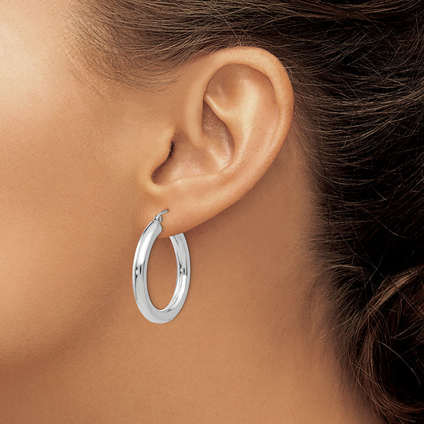 10K White Gold Polished 4mm Tube Hoop Earrings