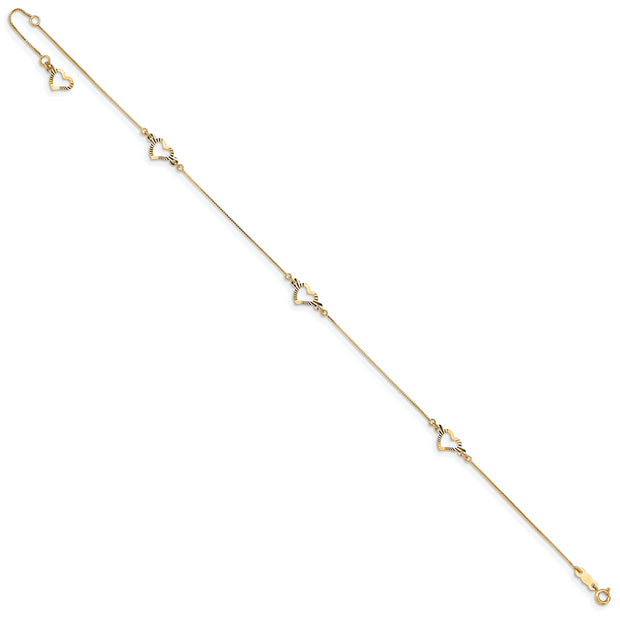 14k Diamond-cut Heart 9in Plus 1in ext Anklet