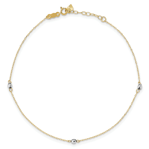 14k Two-tone Mirror Bead 9in Plus 1in ext. Anklet