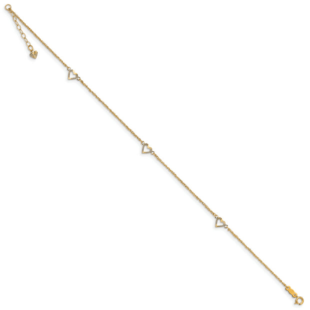 14k Diamond-cut Hearts 10in Plus 1in ext Anklet