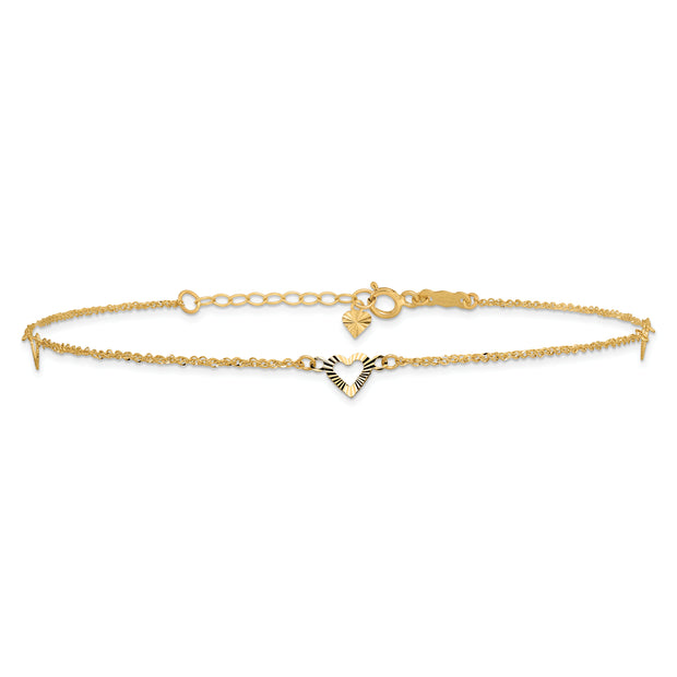14k Diamond-cut Hearts 10in Plus 1in ext Anklet