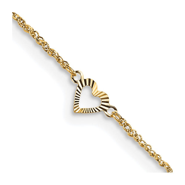 14k Diamond-cut Hearts 10in Plus 1in ext Anklet
