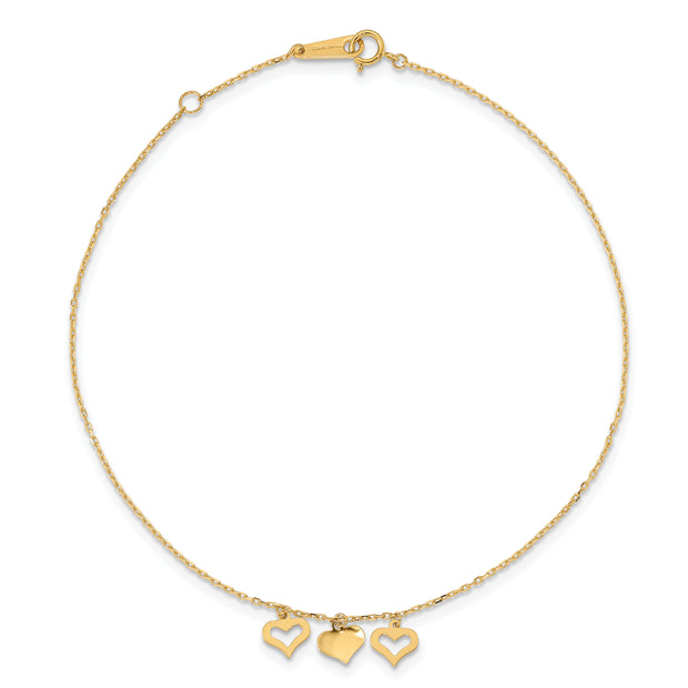 14k 3 Hearts 9in Plus 1in Extension Anklet