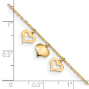 14k 3 Hearts 9in Plus 1in Extension Anklet