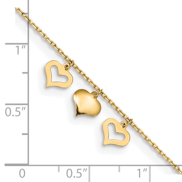 14k 3 Hearts 9in Plus 1in Extension Anklet