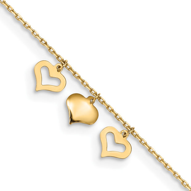 14k 3 Hearts 9in Plus 1in Extension Anklet