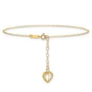 14K Oval Link Chain with Diamond-cut Heart Cage 9in Plus 1in Ext Anklet