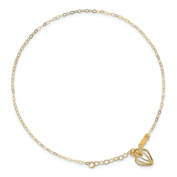 14K Oval Link Chain with Diamond-cut Heart Cage 9in Plus 1in Ext Anklet