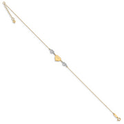 14K Two-tone Diamond-cut Puffed Hearts MOM 10in Plus 1in ext Anklet