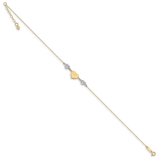 14K Two-tone Diamond-cut Puffed Hearts MOM 10in Plus 1in ext Anklet