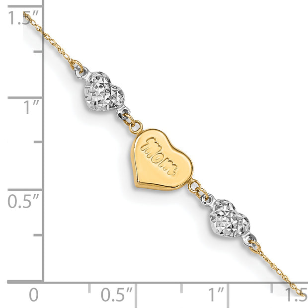 14K Two-tone Diamond-cut Puffed Hearts MOM 10in Plus 1in ext Anklet