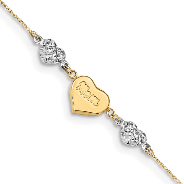 14K Two-tone Diamond-cut Puffed Hearts MOM 10in Plus 1in ext Anklet
