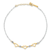 14K Two-tone Oval Link Diamond-cut Beads and Heart 9in Plus 1in Ext Anklet
