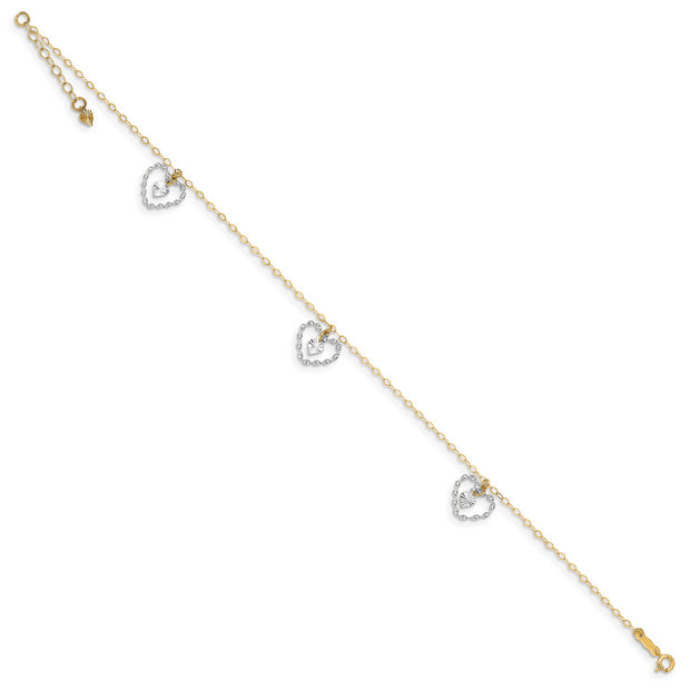 14K Two-tone Twisted and Diamond Cut Hearts 9in Plus 1in ext Anklet