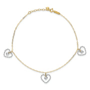 14K Two-tone Twisted and Diamond Cut Hearts 9in Plus 1in ext Anklet