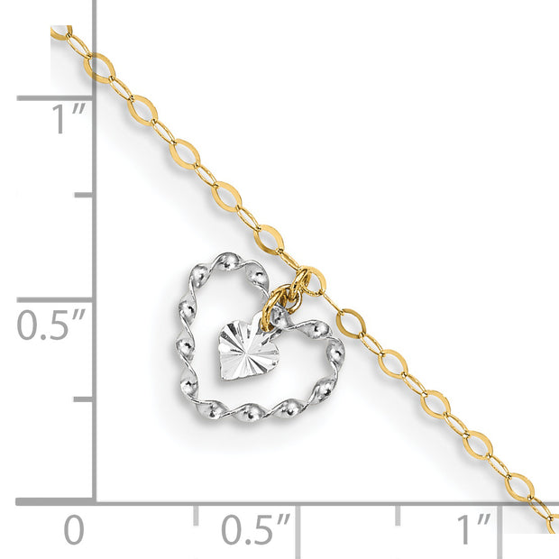 14K Two-tone Twisted and Diamond Cut Hearts 9in Plus 1in ext Anklet