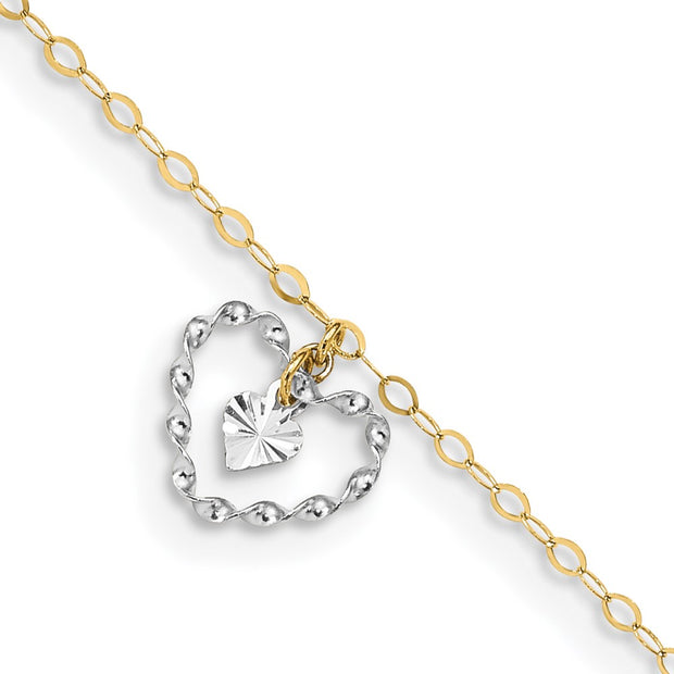 14K Two-tone Twisted and Diamond Cut Hearts 9in Plus 1in ext Anklet
