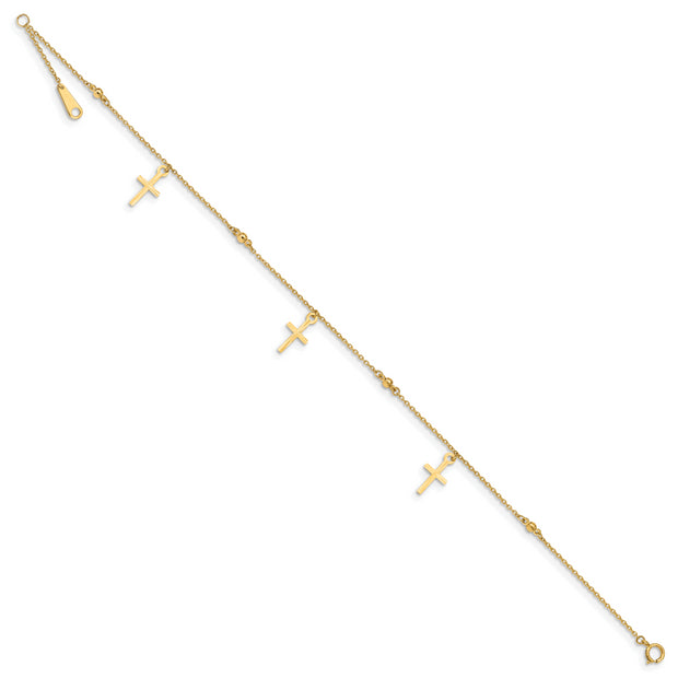 14k Polished and Diamond-cut Cross 9in Plus 1in ext. Anklet