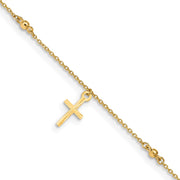 14k Polished and Diamond-cut Cross 9in Plus 1in ext. Anklet