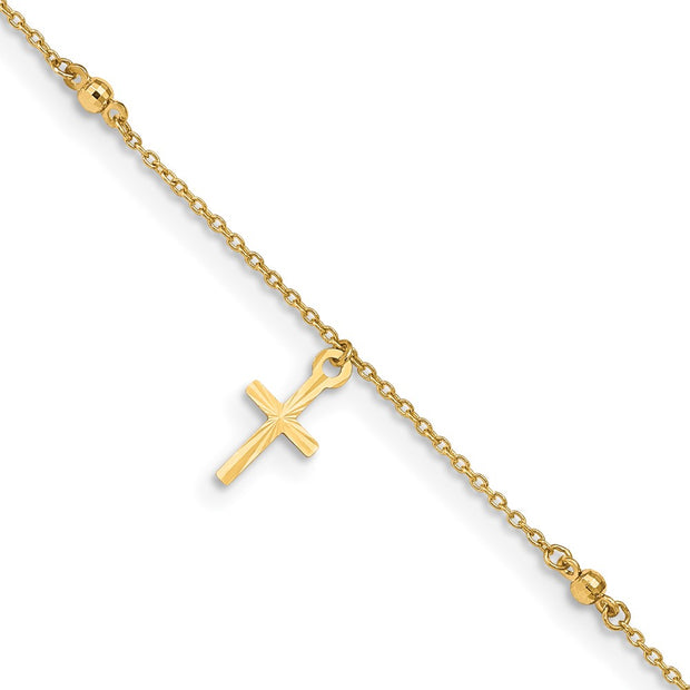 14k Polished and Diamond-cut Cross 9in Plus 1in ext. Anklet