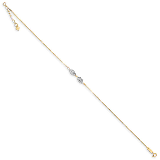 14K Two-tone Diamond Cut Puff Rice Beads 9in Plus 1in Ext Anklet