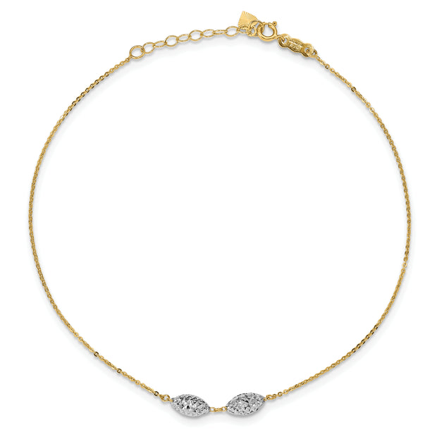 14K Two-tone Diamond Cut Puff Rice Beads 9in Plus 1in Ext Anklet