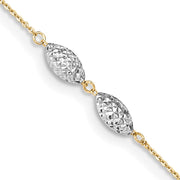 14K Two-tone Diamond Cut Puff Rice Beads 9in Plus 1in Ext Anklet