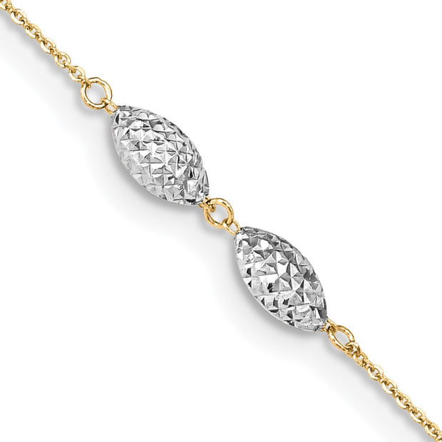 14K Two-tone Diamond Cut Puff Rice Beads 9in Plus 1in Ext Anklet