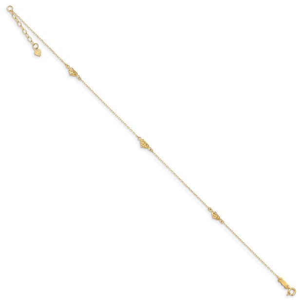 14k Polished Diamond-cut Triple Puffed Hearts 9in Plus 1in. Ext. Anklet