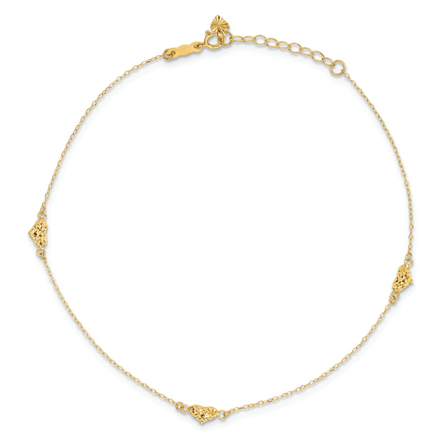 14k Polished Diamond-cut Triple Puffed Hearts 9in Plus 1in. Ext. Anklet