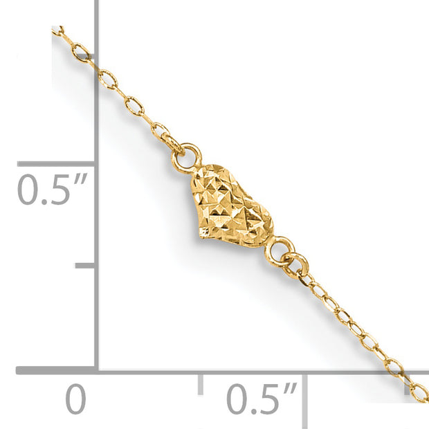 14k Polished Diamond-cut Triple Puffed Hearts 9in Plus 1in. Ext. Anklet
