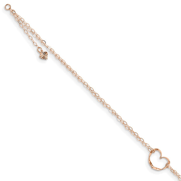 14k Rose Gold Double Strand Heart 9in Plus 1in Ext Anklet