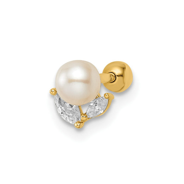 14k 18 Gauge CZ & Freshwater Cultured Pearl Labret Stud