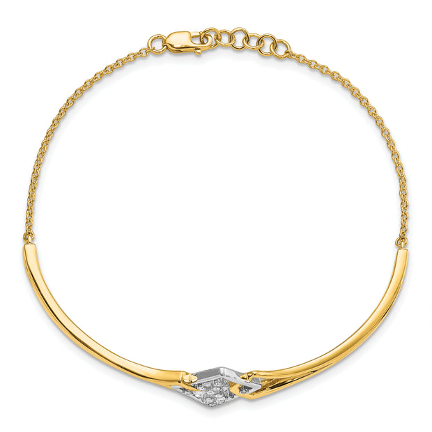 14k Two-tone Fancy Square Diamond Bar 7in w/.5in ext Bracelet