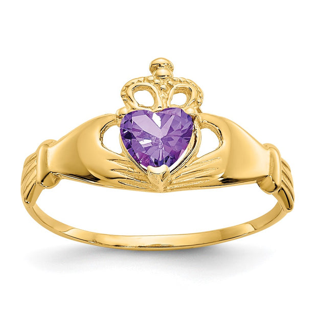 14k CZ February Birthstone Claddagh Heart Ring