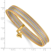 14K Tri-color w/ Dangle Heart Oversized Set of 7 Textured Slip-on Bangles