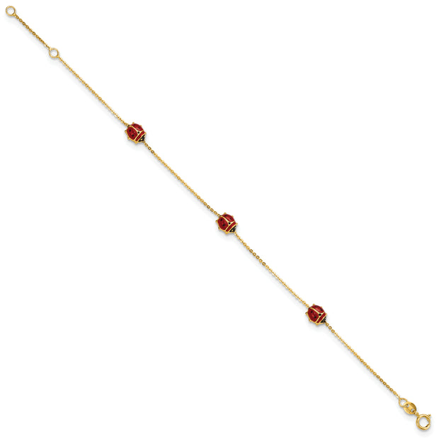 14k Polished Enameled Ladybugs 6.5in w/.75in ext. Bracelet