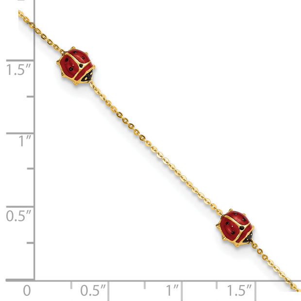 14k Polished Enameled Ladybugs 6.5in w/.75in ext. Bracelet