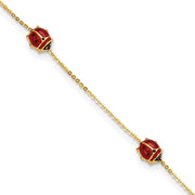 14k Polished Enameled Ladybugs 6.5in w/.75in ext. Bracelet