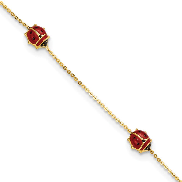 14k Polished Enameled Ladybugs 6.5in w/.75in ext. Bracelet