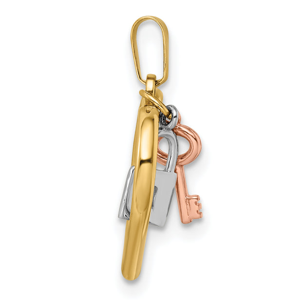 14k Tri-color Heart, Lock and Key Pendant