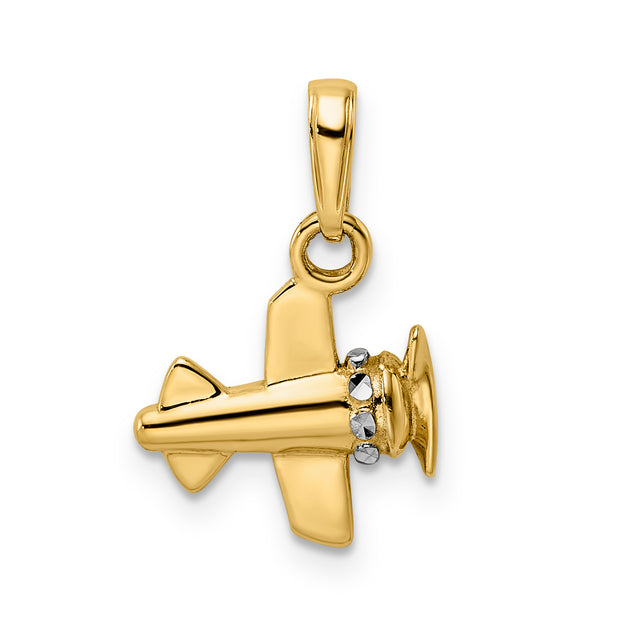 14k w/ White Rhodium 3D Diamond-cut Airplane Pendant