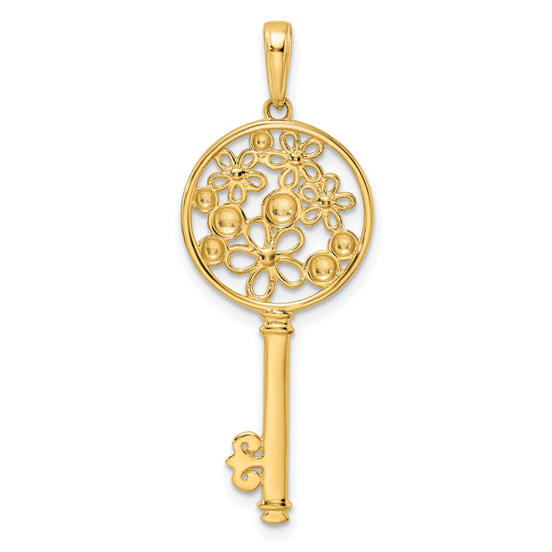 14k and White Rhodium Flowers Key Pendant