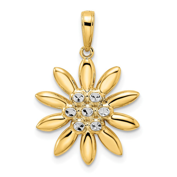 14K and White Rhodium Diamond-cut Flower Pendant