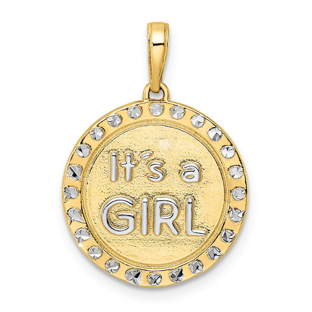 14k w/ White Rhodium Diamond-cut IT'S A GIRL Round Disc Pendant