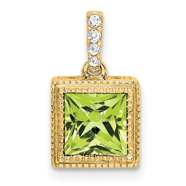 14k Square Peridot and Diamond Pendant